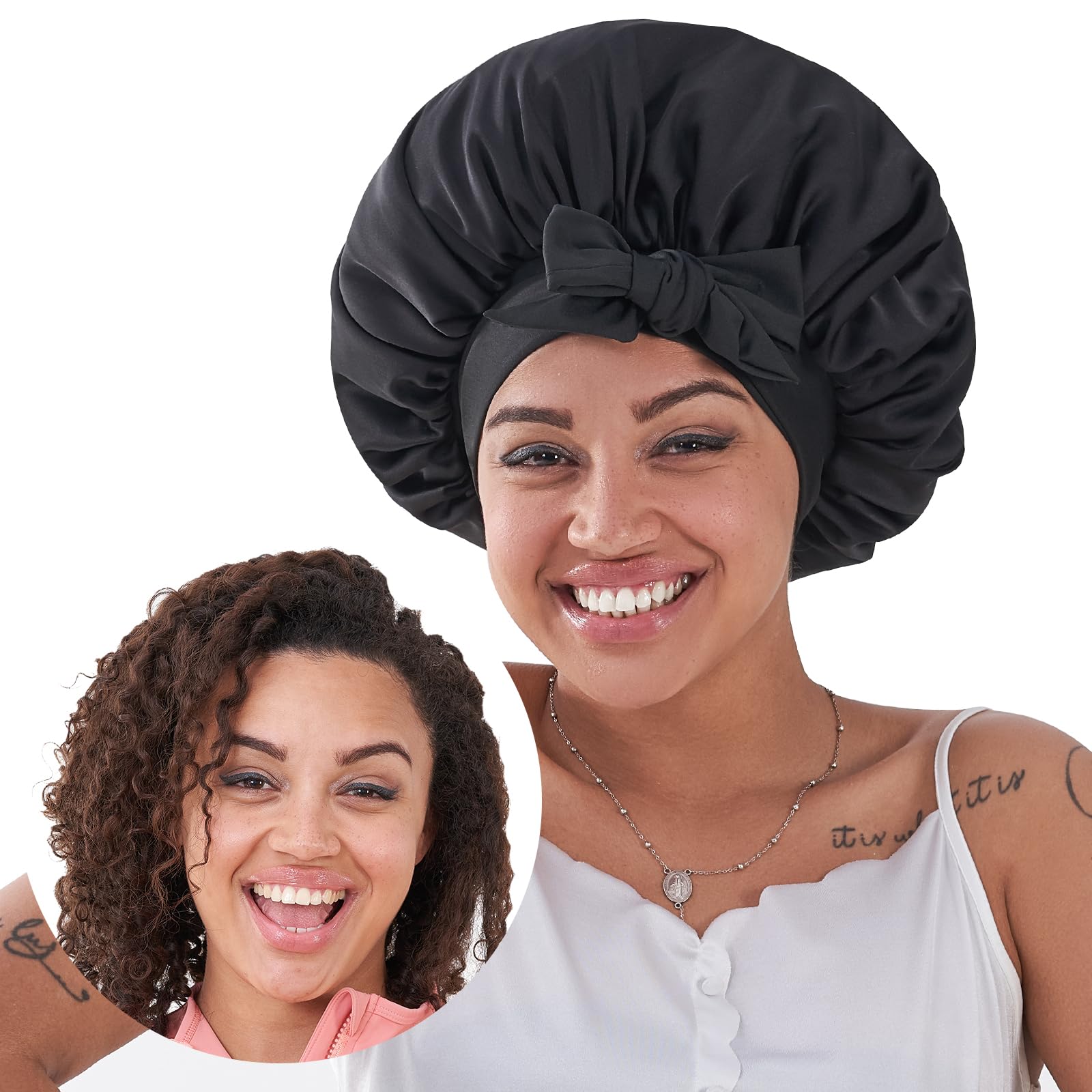 Black Silk Bonnet For Sleeping Women, Satin Hair Bonnet For Sleeping For Wavy Curly Natural Hair Women Men