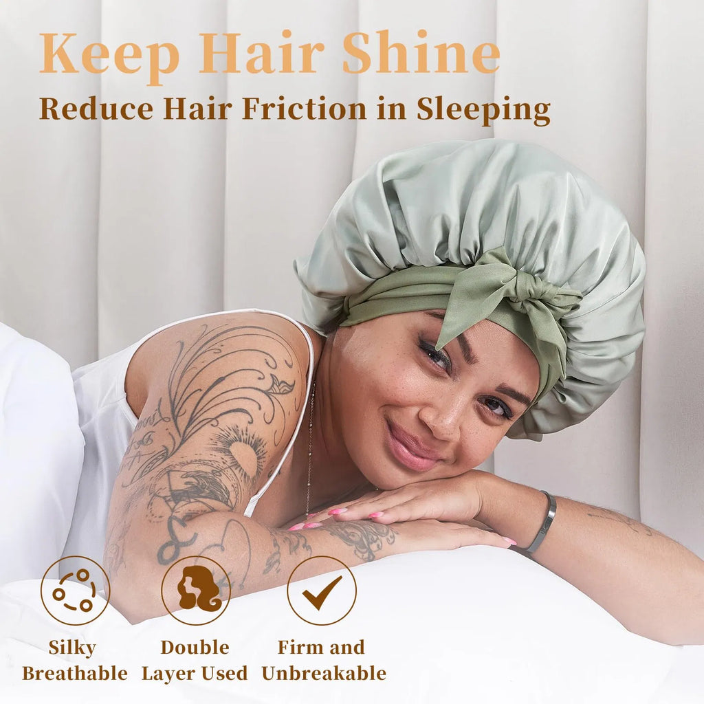 Silk Bonnet For Sleeping Women, Satin Hair Bonnet For Sleeping For Wavy Curly Natural Hair Women Men - Green
