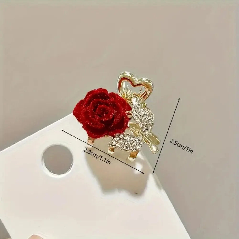 Mini Rhinestone Hair Claws Clip Velvet Rose Hair Clip Hair Clamp Clip Rose Hair Barrettes, Wine Red