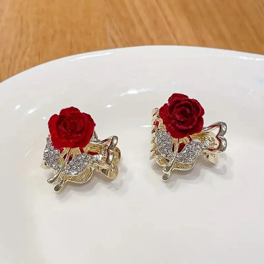 Mini Rhinestone Hair Claws Clip Velvet Rose Hair Clip Hair Clamp Clip Rose Hair Barrettes, Wine Red